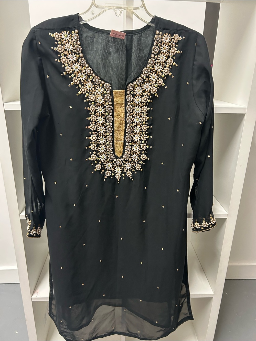 Indian Kurta Embellished Black with Gold w/ Pearl and zirconia Accents size 8 W